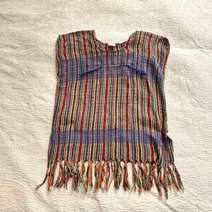 Handmade Mexican Striped Poncho with Fringe, Medium